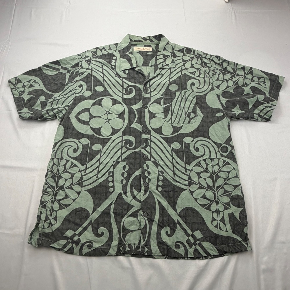 Tommy Bahama Button Up Mens XL Green Silk Tribal Floral Camp Shirt Short Sleeve